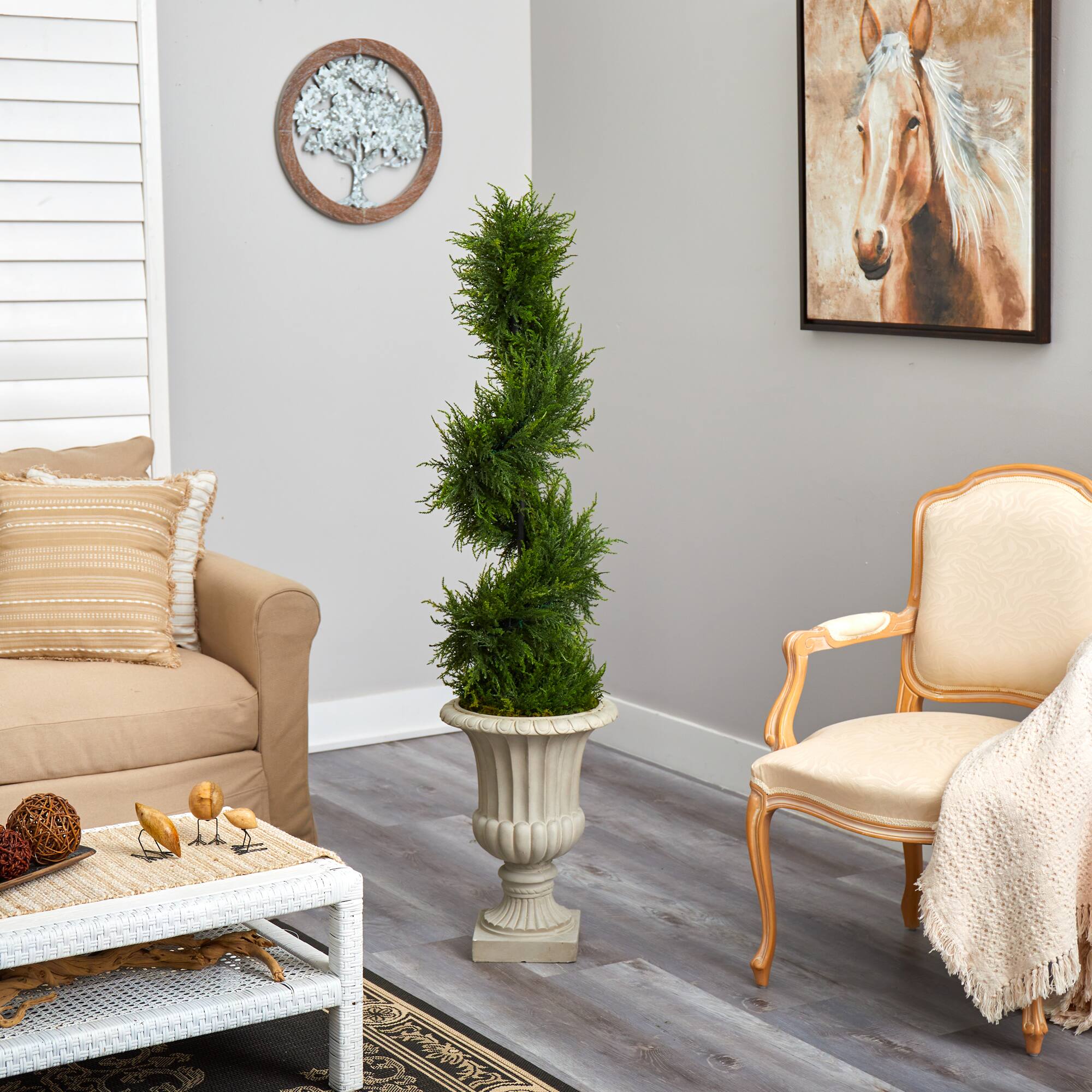 5ft. Pre-Lit Spiral Cypress Artificial Christmas Tree in Sand Finished Urn, Clear LED Lights